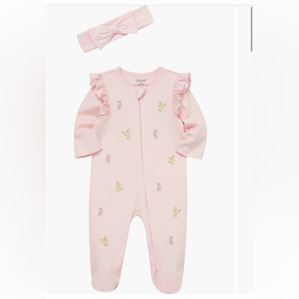 NWT Little Me Soft Pink Floral Ruffle-Sleeve Footed One-Piece